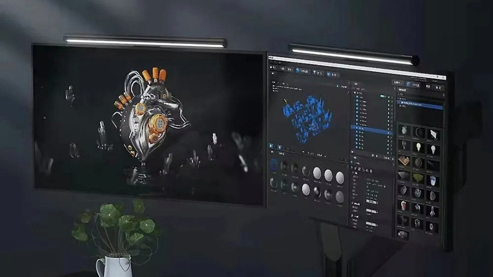 Two monitor light bars lighting a dark desk with dual screens