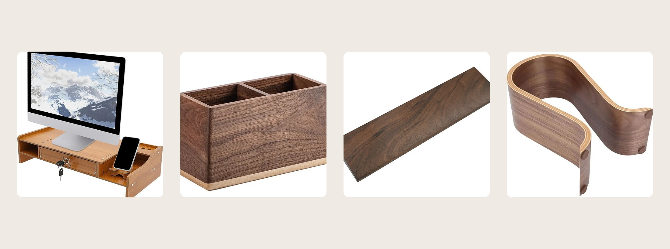Four Erixio walnut desk pieces: a riser, a desk caddy, a wrist rest and a headphone stand
